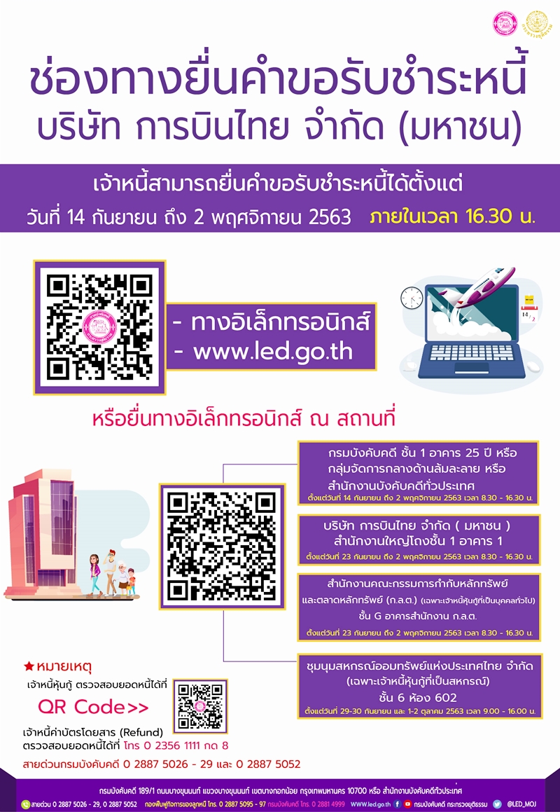 ﻿ช่องทางการยื่นคำขอรับชำระหนี้ บริษัท การบินไทย จำกัด (มหาชน) เจ้าหนี้สามารถยื่นคำขอรับชำระหนี้ ได้ตั้งแต่วันที่ 14 กันยายน - 2 พฤศจิกายน 2563 ภายในเวลา 16.30 น.